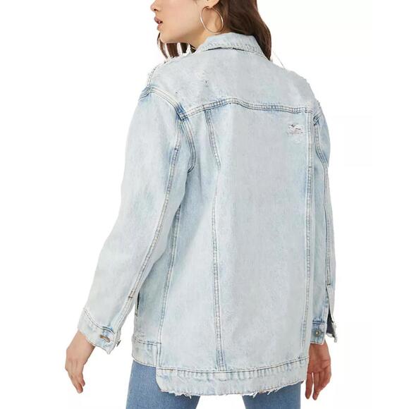 065 Free People We The Free Destroyed Long & Lean Denim Jacket (Small, EUC) - Picture 3 of 6